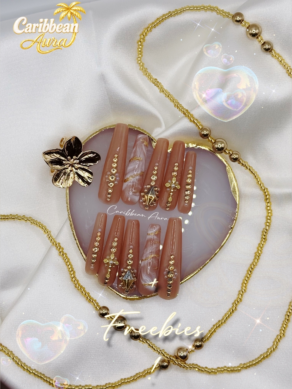 Nude White Marble Press On Nails | Rhinestones | Handmade | Reusable